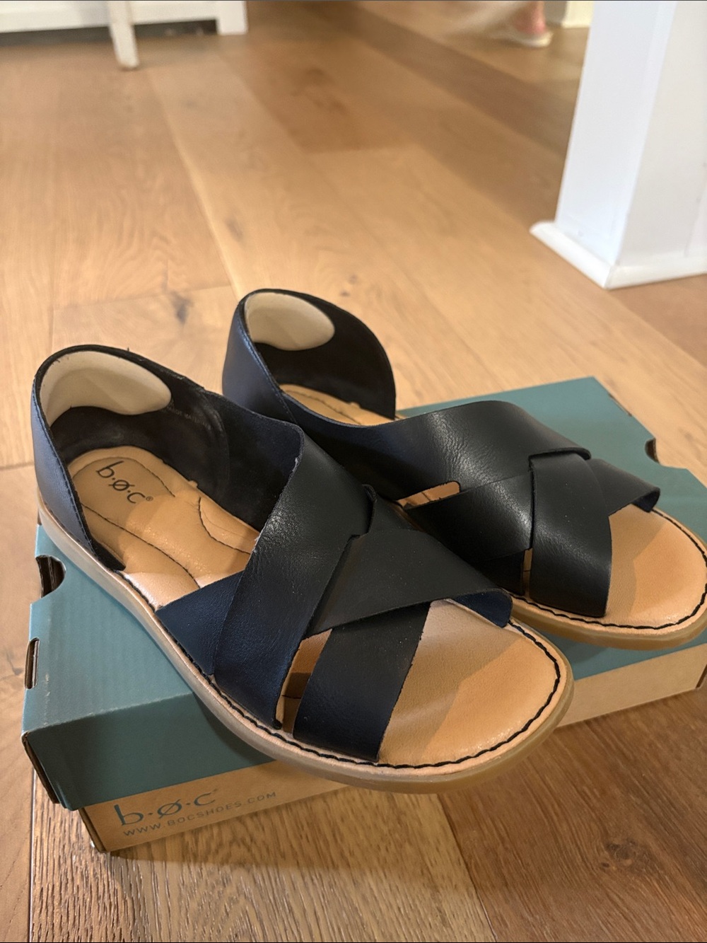 b.o.c. Black Leather Crisscross Slide Sandals